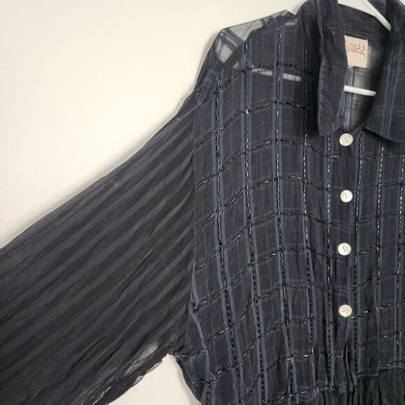 Agapo Collection Vintage Beaded Sheer Button Down Shirt Blouse Navy Retro Artsy - Picture 5 of 8